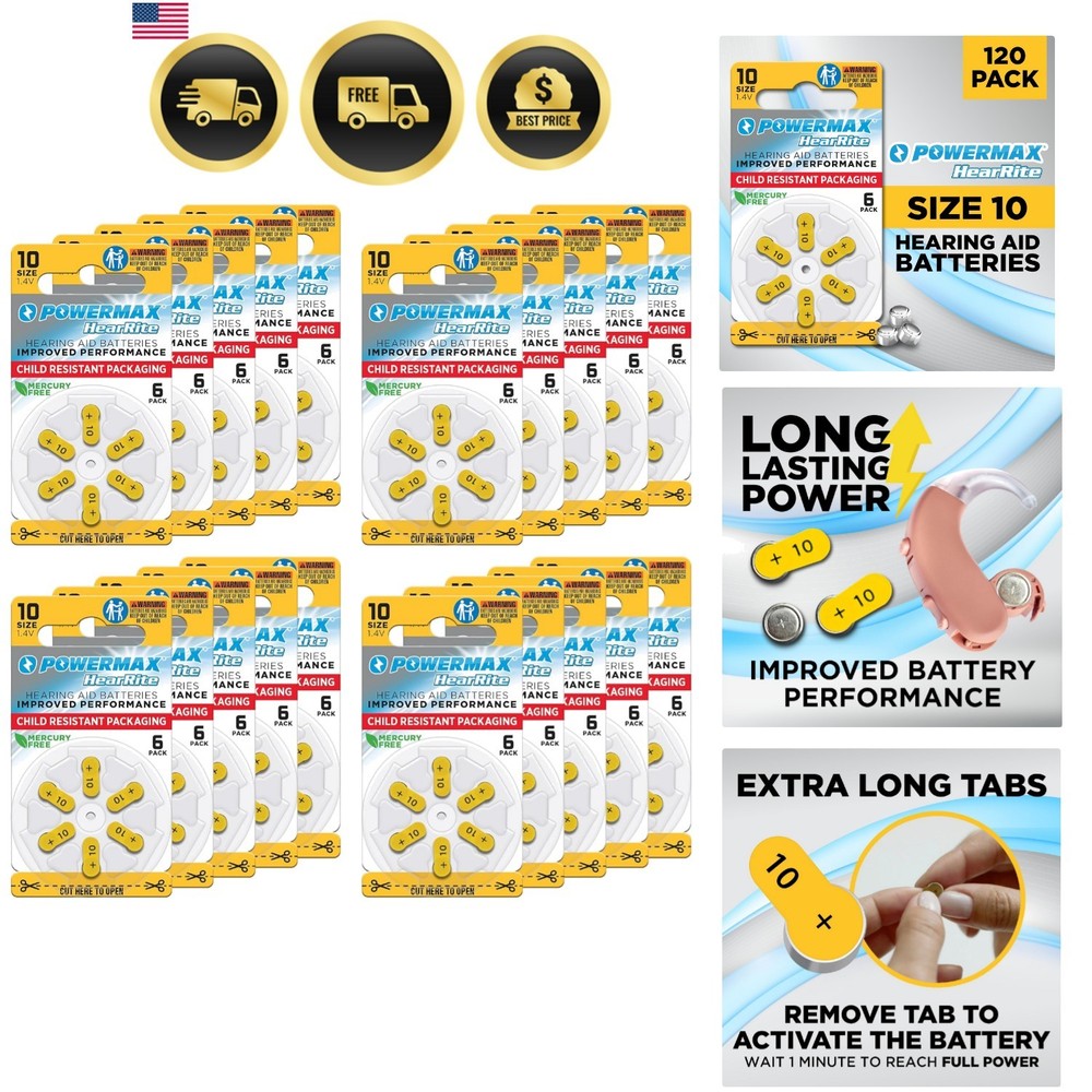 Size 10 Hearing Aid Batteries, 120 Count Long-Lasting Battery Pack, Yellow Lo…