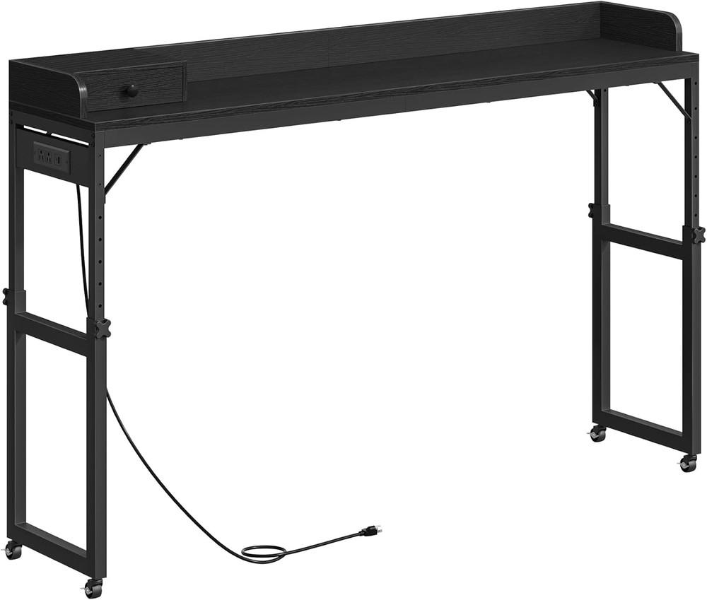 Rolling Overbed Table with Outlets & Light Strip, Adjustable Height, Black