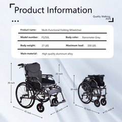 Foldable 37lb Wheelchair Aluminium Multi-functional Manual Medical Transport FDA