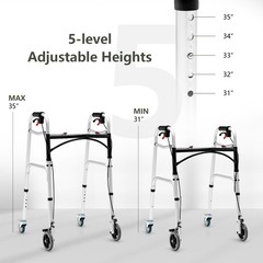2-Button Folding Walker Height Adjustable Walking Aid with Seat 4 Wheels Brakes
