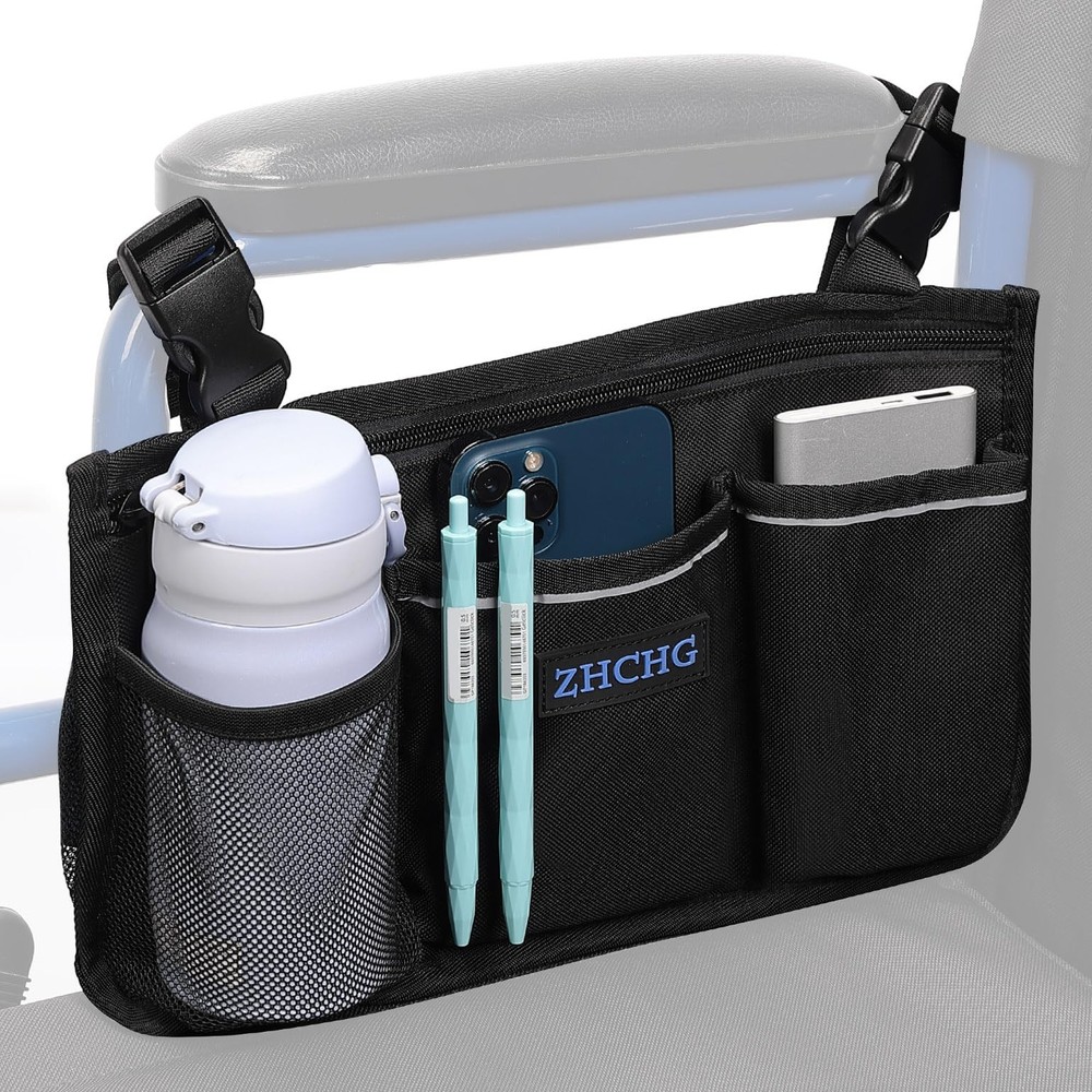 ZHCHG Wheelchair Side Bag, Armrest Pouch 1pack-balck, Black