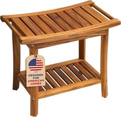 Teak Wood Shower Bench with Shelf, 2-Tier Waterproof Teak Shower Stool, Non-Slip