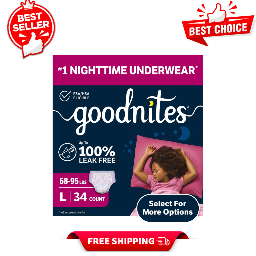 Goodnites Girls Nighttime Bedwetting Underwear, Size L, 68-95 lbs, 34Ct Pull Ups