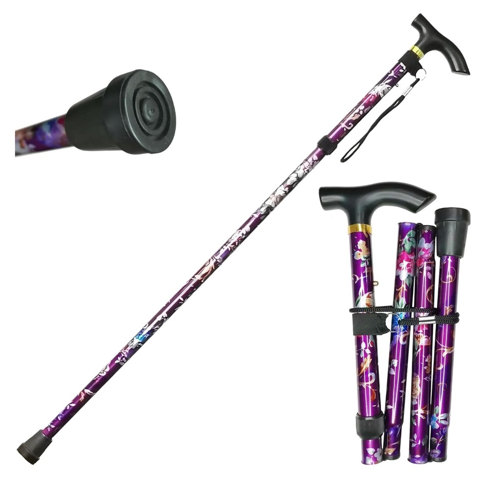 Lightweight Portable Folding Cane with Vibrant Floral Design and Wrist Strap