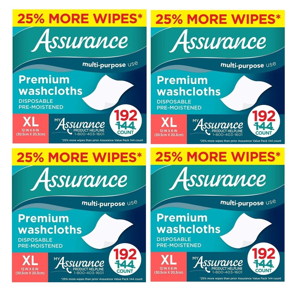Assurance XL Disposable Washcloths (4-Pack, 192 Count) – Enhanced Softness
