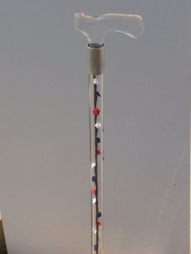 Designer walking cane red white and blue roses changable interior lucite handle