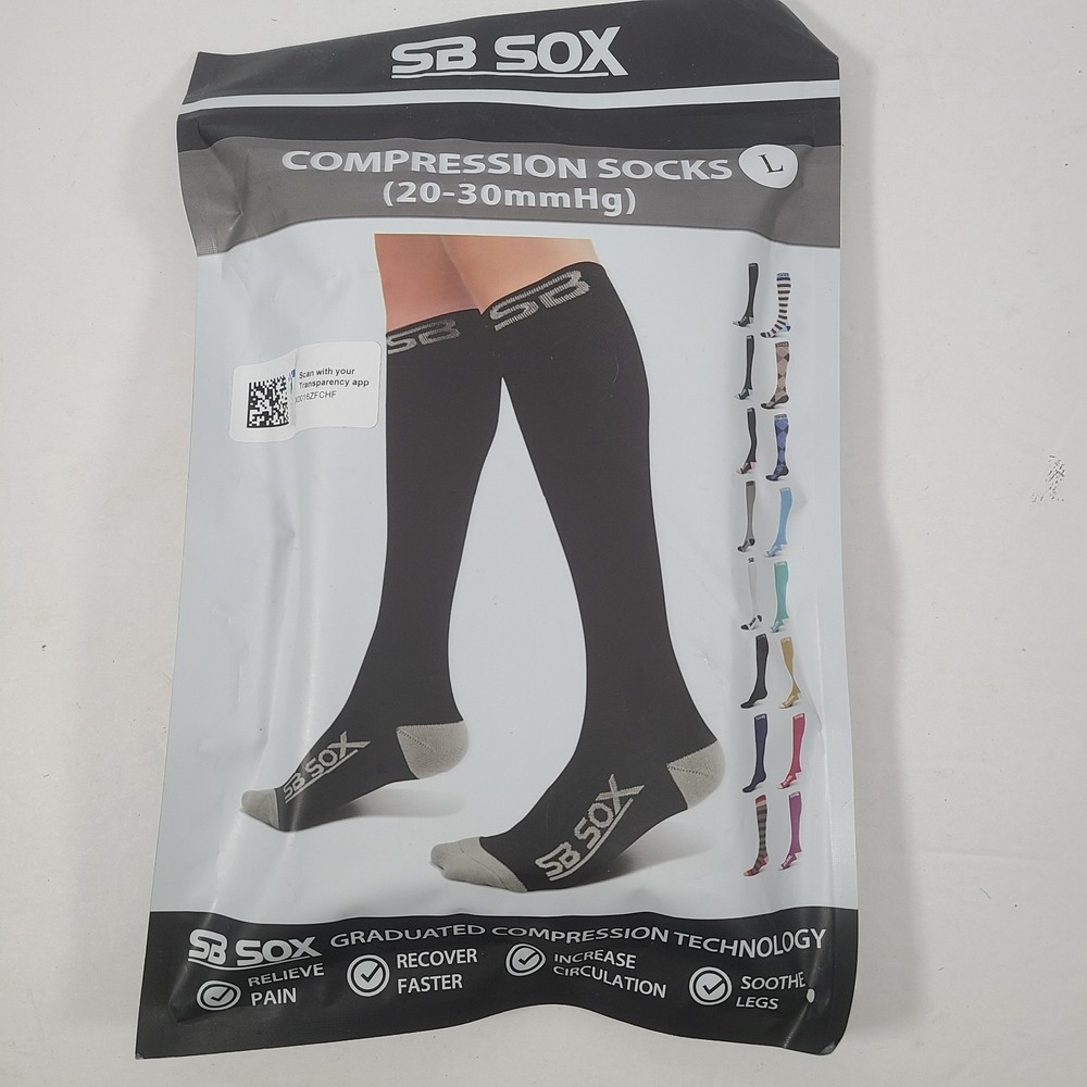 SB SOX Compression Socks (20-30mmHg) Unisex Black Large Leg Comfort Travel NEW