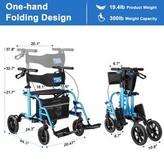 2-in-1 Rollator Walker & Transport Chair for Seniors with Seat, 10″ Wheels Blue