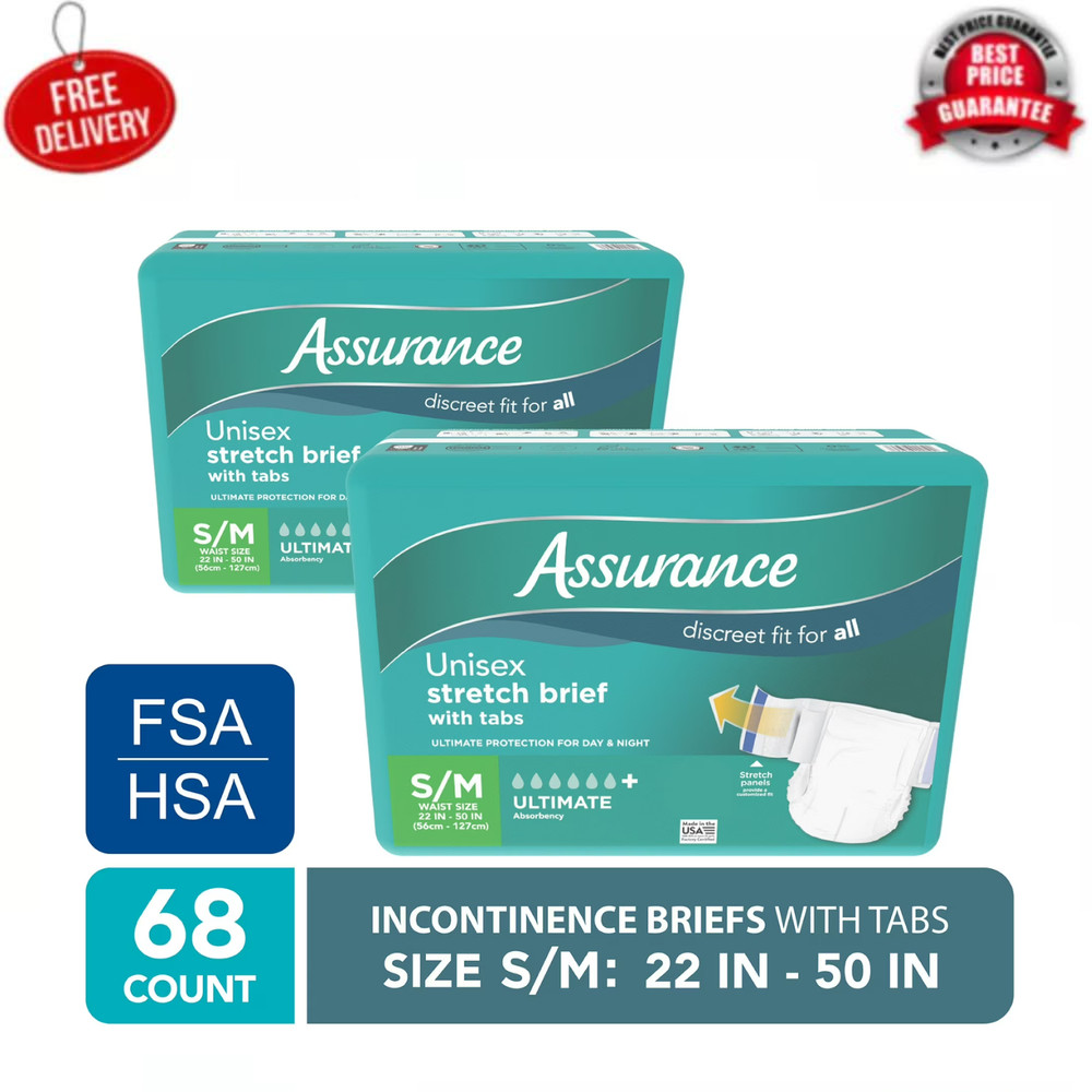 2 Pack Assurance Unisex Stretch Briefs with Tabs S/M 34 Count Each, Total 68 Ct