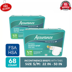 2 Pack Assurance Unisex Stretch Briefs with Tabs S/M 34 Count Each, Total 68 Ct