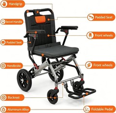 Ultra-Lightweight Wide Seat Transport Wheelchair Dual Locking Handbrakes 25 Lbs