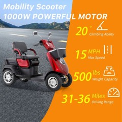 1000W 4-Wheel Heavy Duty Adjustable 2-Seat Electric Power Mobility Scooters
