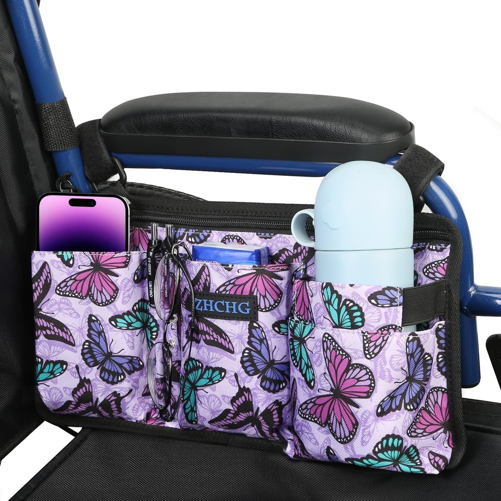 ZHCHG Wheelchair Side Bag with Cup Holder, Purple Butterfly