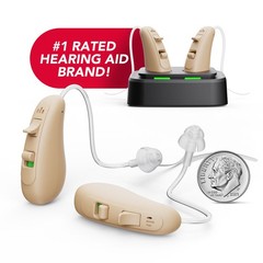 RCA OTC Behind-the-Ear Hearing Aid Pair with Rechargeable Stand, Beige