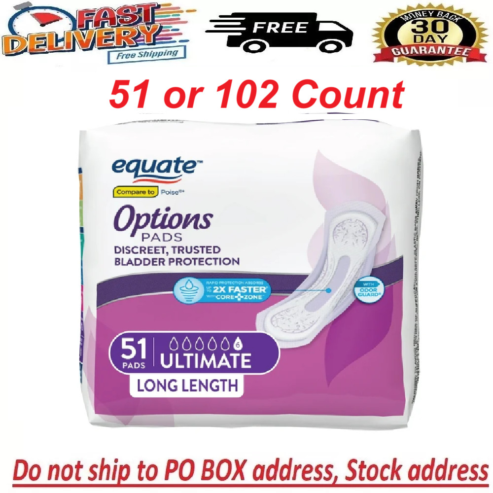 Equate Options Incontinence Pads for Women, Ultimate, Long, 51-102 Count