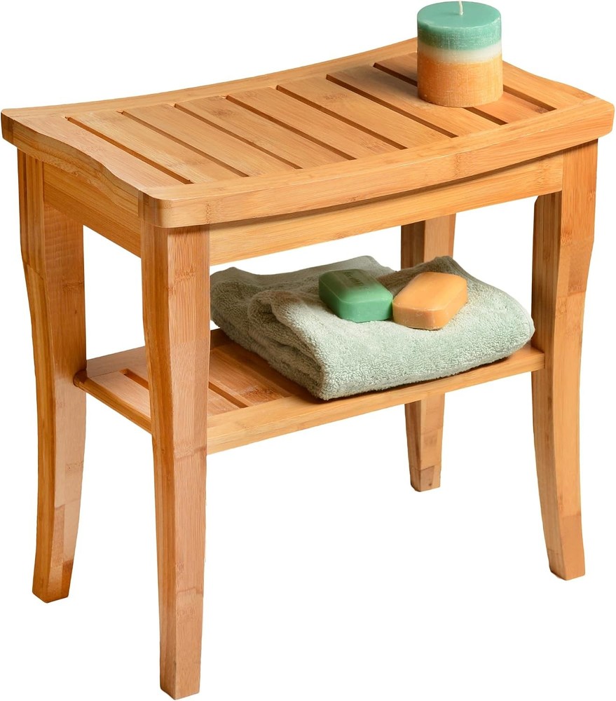 Bamboo Shower Bench Small Stool Storage Shelf Non Slip