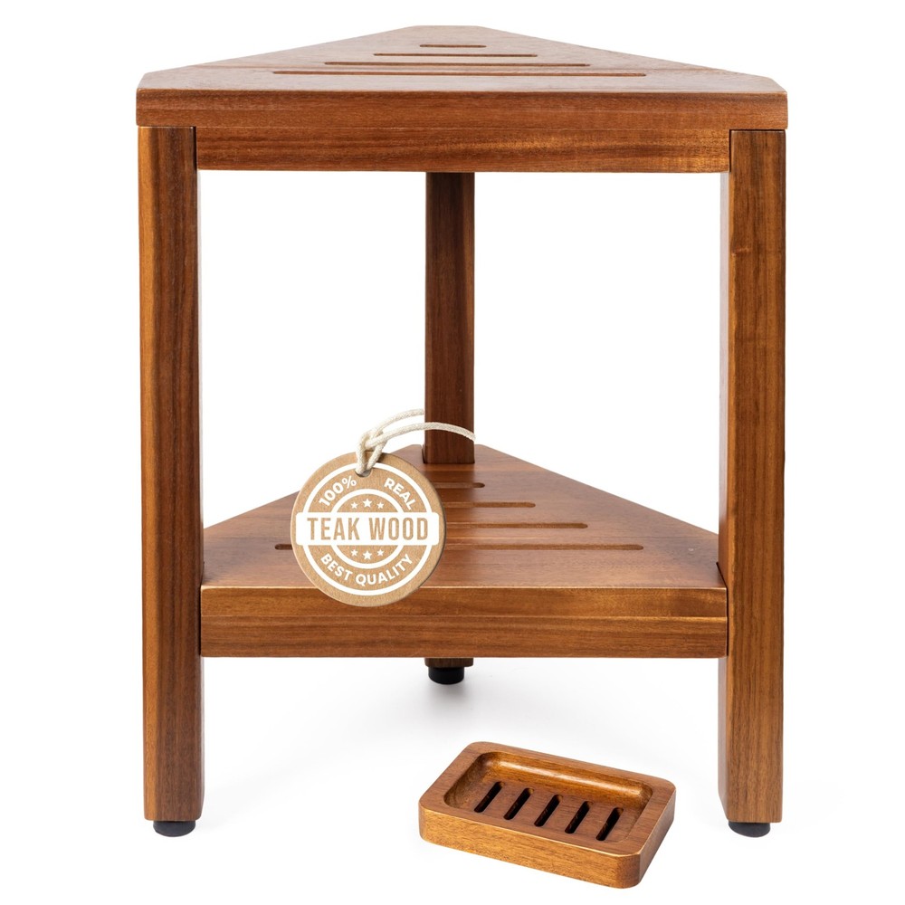 Teak Corner Shower Bench with Matching Soap Holder – Sturdy Large, Brown