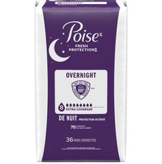 Poise Overnight Incontinence & Postpartum Pads, 8 Drop Extra Coverage, 72 Count