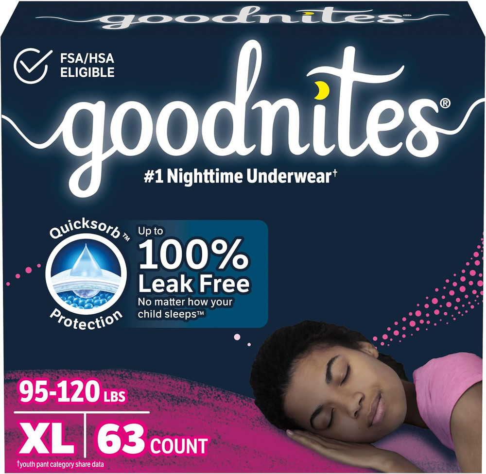 Goodnites Girls‘ Bedwetting Underwear, XL (95-120 lbs), 63 Ct, 3 Packs