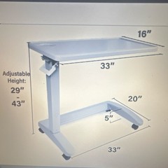 Adjustable Overbed Table with Wheels, Rectangle, White, 33x16in, 29-43in H
