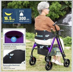 AKOASM Foldable 4-Wheel Rollator Walker Seat Backrest Handbrakes 300lb Purple