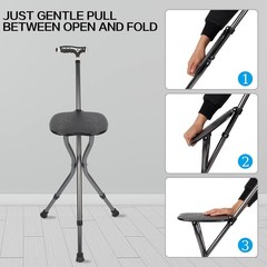 HeavyDuty 440lb Folding Cane Seat, Adj. Walking Stick, Frosted Grip, Square LED