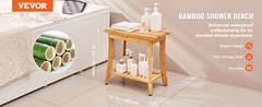 Bamboo Shower Bench, 19in Waterproof Shower Stool Chair with Storage Shelf