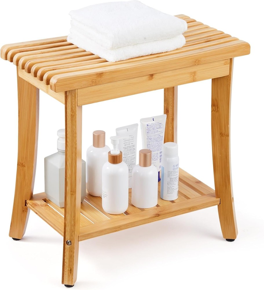 Bamboo Shower Bench, 19in Waterproof Shower Stool Chair with Storage Shelf