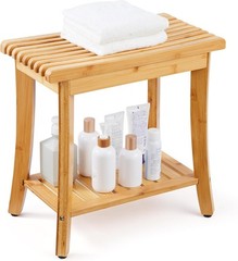 Bamboo Shower Bench, 19in Waterproof Shower Stool Chair with Storage Shelf