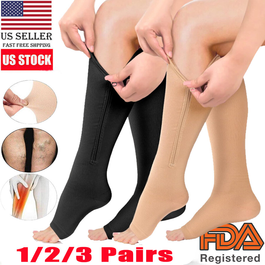1/2/3Pairs Zipper Open Toe Compression Socks 20-30mmHg Calf Leg Support Stocking