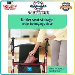 Medline Steel Rollator Walker with Seat, Foldable, Burgundy