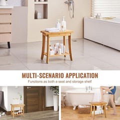 Bamboo Shower Bench, 19in Waterproof Shower Stool Chair with Storage Shelf