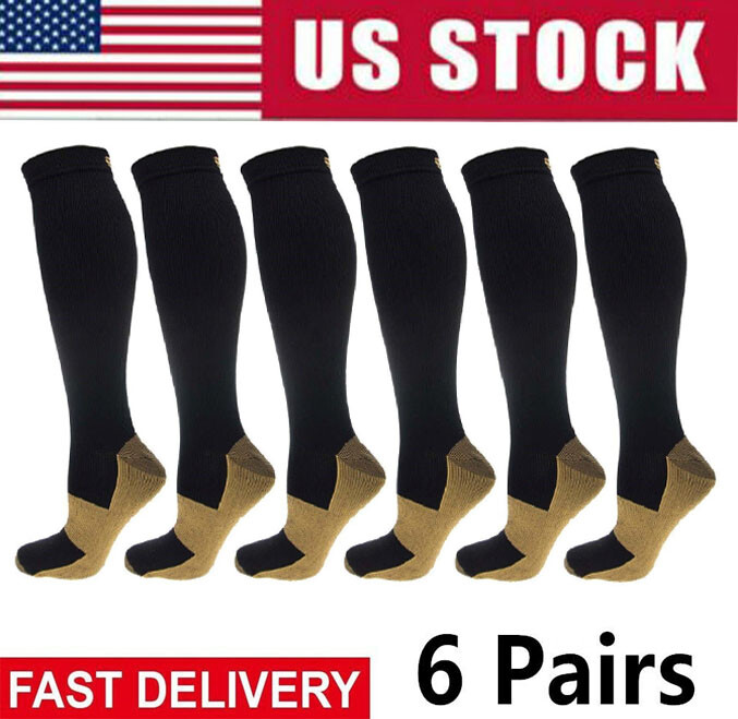 (6 Pairs) 20-30mm Hg Knee High Copper Compression Socks Mens / Womens S-XXL USA