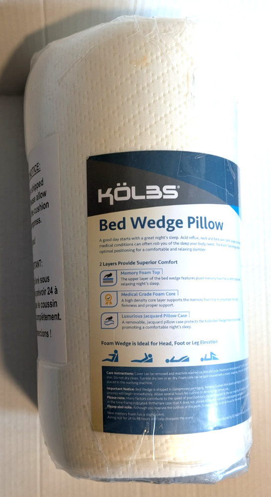 Kolbs Bed Wedge Pillow Memory Foam Medical Grade Core 24″ x 24″ x 7.5″