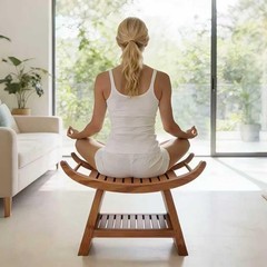 23″ Teak Shower Bench with Curved Seat & Storage Shelf, Holds 500 LBS