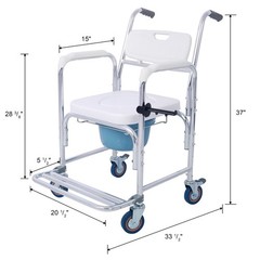 4-in-1 Bedside Commode Shower Chair w/4 Brakes & Casters, Tissue/Crutch Holder