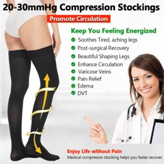 Thigh High Socks Full Toe Compression Stockings for Swollen Leg w/ Silicone Band