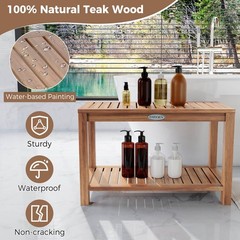30 Inch Teak Wood Shower Bench Inside Shower Stool w/ Storage Shelf for Adults