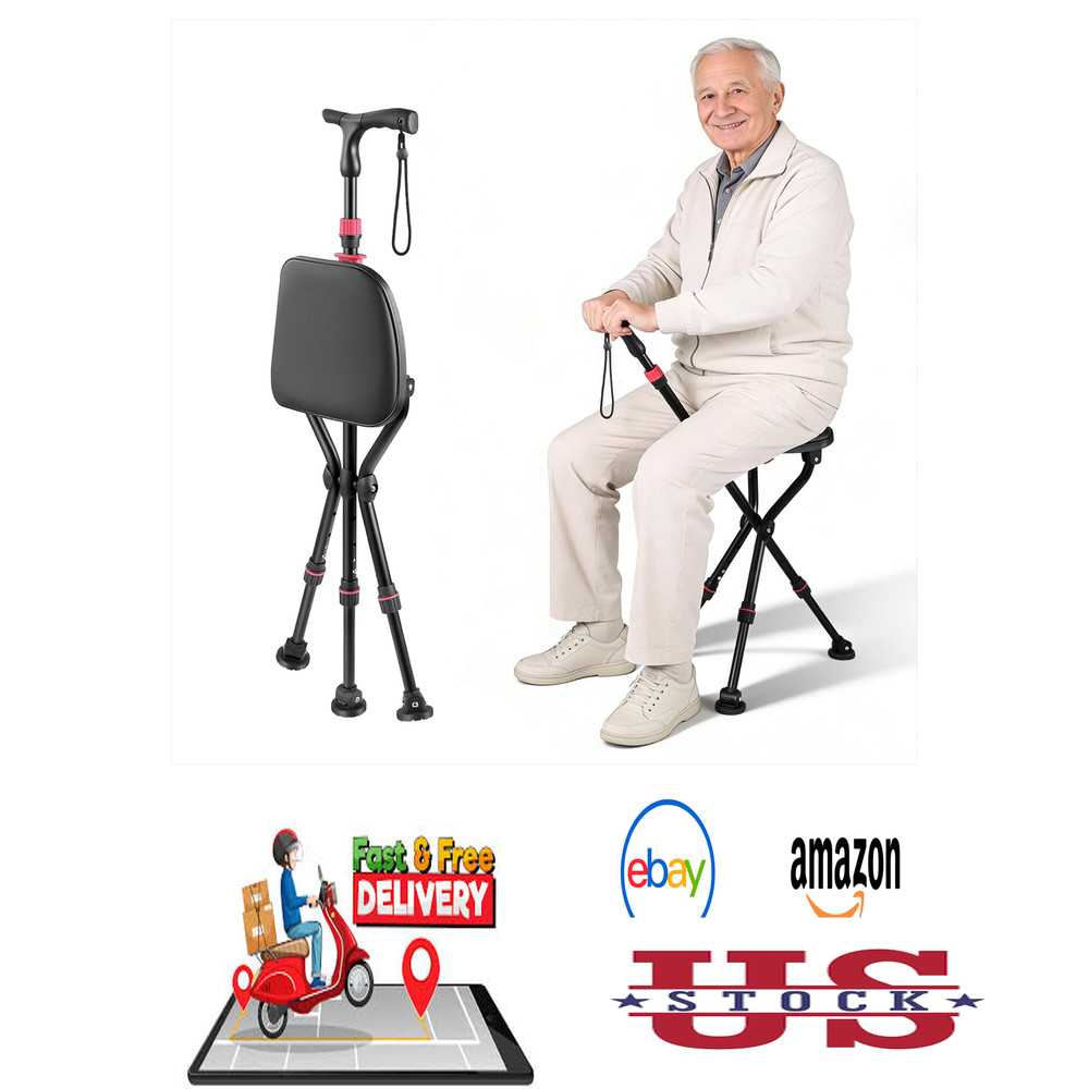 300 Pound Capacity Folding Cane with Seat Adjustable Height Portable Walking