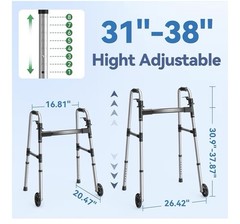 Lightweight Folding Walker w/ 5” Wheels & Skis Adjustable Height 350 lb Black
