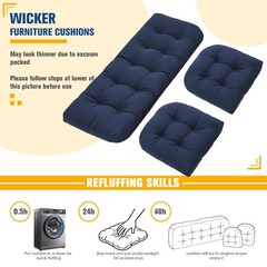 cnsmak Wicker Furniture Cushions Set, Waterproof Patio 3pcs, Navy