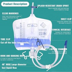 5 Pack 2000mL Urinary Drainage Bags Sterile Anti-Reflux Catheter Bags 48” Tube