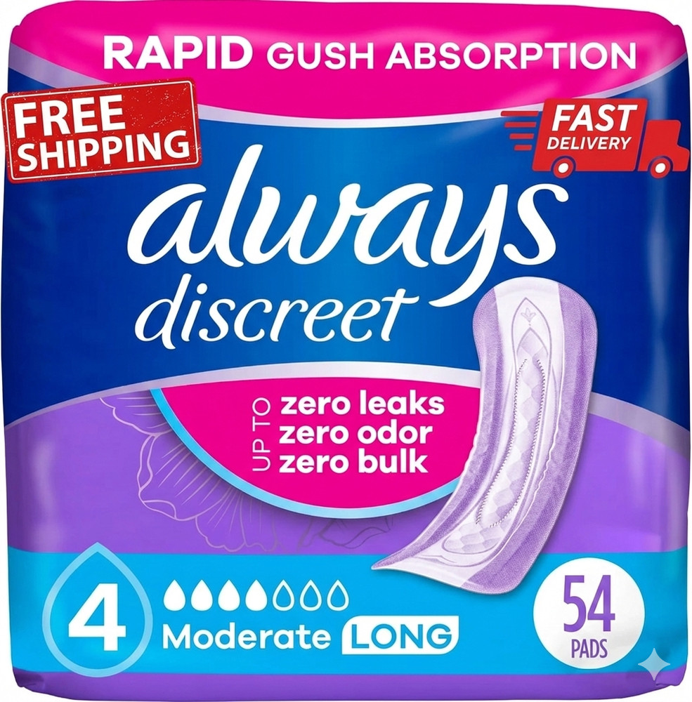 Always Discreet Adult Incontinence Pads for Women, Moderate Absorbency, Long Len