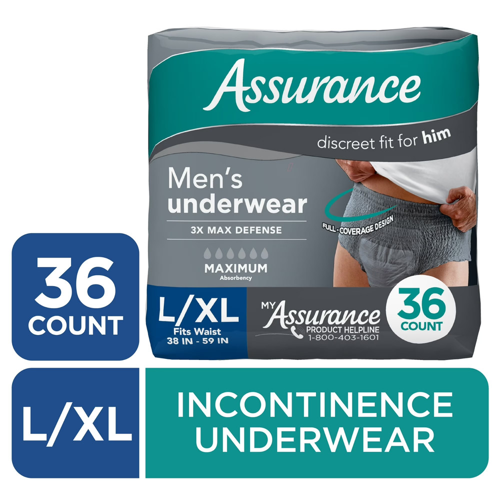 Assurance Men’s Incontinence Underwear, L/XL, Maximum Absorbency, 36 Count