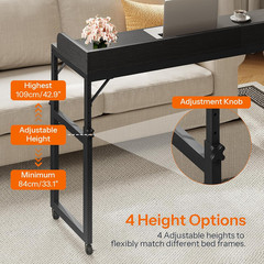 Rolling Overbed Table with Outlets & Light Strip, Adjustable Height, Black