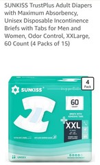 SUNKISS TrustPlus Adult Diapers XX-Large 60 Ct Max Absorbency w/ Tabs Unisex
