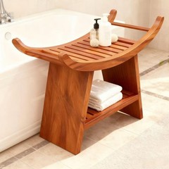 23″ Teak Shower Bench with Curved Seat & Storage Shelf, Holds 500 LBS