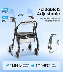 Luxury Rollator Walker for Seniors – Supports 380 lbs, Foldable & Lightweight