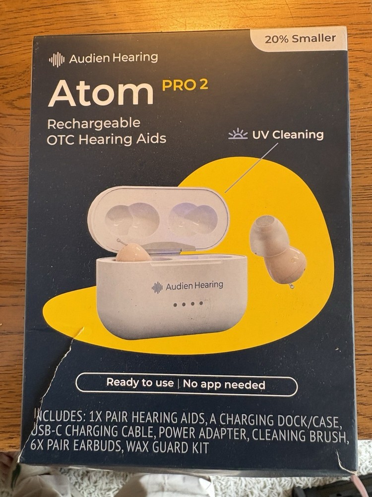 Audien Hearing Atom Pro 2 ITC Rechargeable OTC Hearing Aids UV Clean Dock
