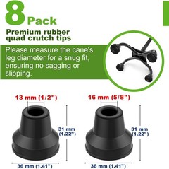 Quad Cane Tips Set of 8 Heavy Duty 5/8in Replacement Rubber Feet Black Durable